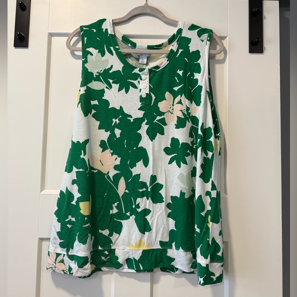 Liz Claiborne Green and White Floral Knit Tank Top Ladies Size XL